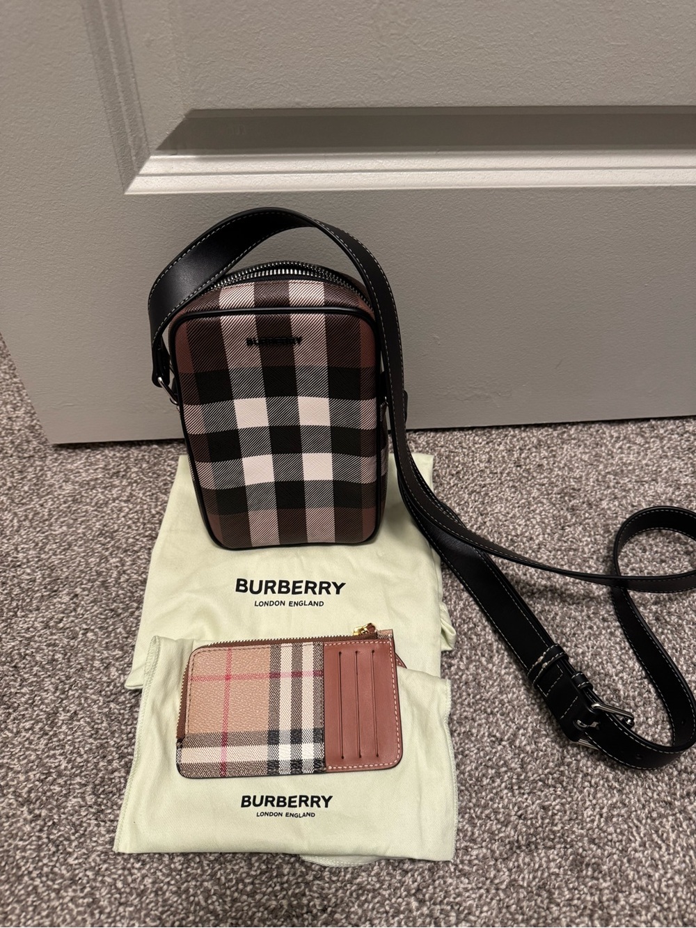 Burberry Brown and Black Check Crossbody with Card Holder Set